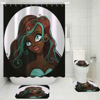 

Fashion African Women Shower Curtain Set Waterproof Bath Screen Toilet Lid Cover Anti Slip Bathroom Carpet 3/4 Piece Bath Sets