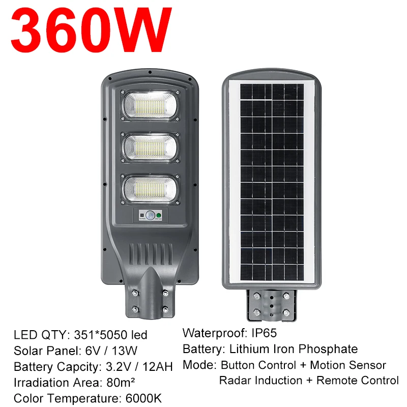 Tanie IP66 120 W 240 W 360 W LED oświetlenie zewnętrzne kinkiet Solar światła uliczne zasilany energią słoneczną Radar lampa z czujnikiem ruchu kontrola dla Garden Yard