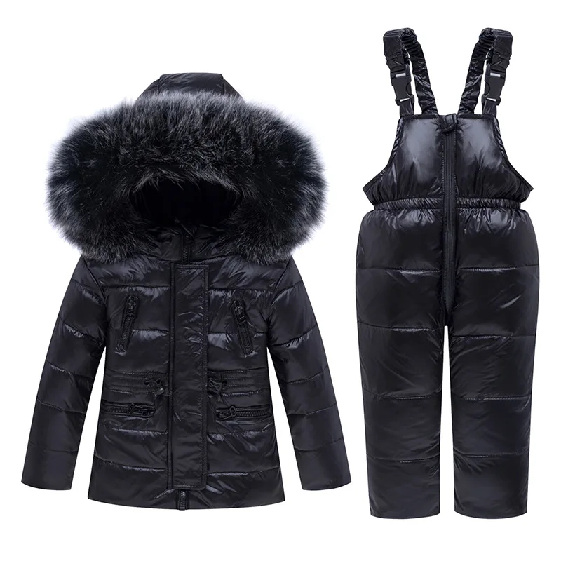 Детский пуховик, костюм для мальчиков и девочек, зимнее пальто и комбинезоны меховой воротник, комплект одежды из двух предметов, детская зимняя ветрозащитная одежда - Цвет: Черный