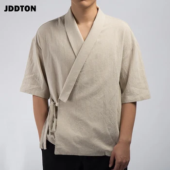 

JDDTON Summer Men's Kimono Fashion Bandage Jackets Solid Belt Thin Outerwear Coats Loose Casual Male Long Sleeve Overcoat JE063