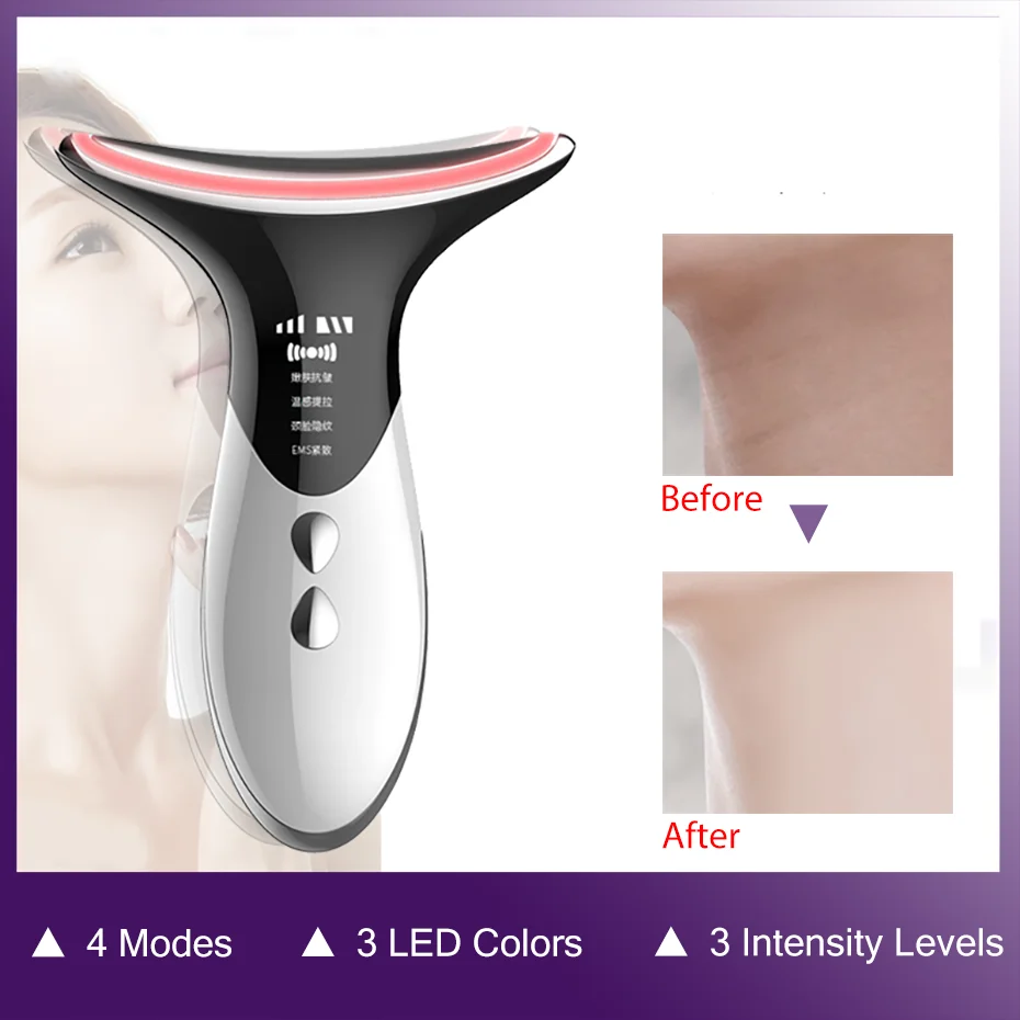 

3 Colour LED Phototherapy and Neck Lifiting Massager Face Massager EMS Anti-ageing and Wrinkle Remover, Skin Rejuvenation