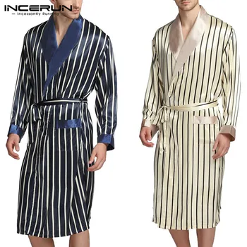 

INCERUN Men Robes Nightgown Striped Long Sleeve V Neck Soft Casual Kimono Fashion Bathrobes Loose Men Pajamas Homewear Plus Size