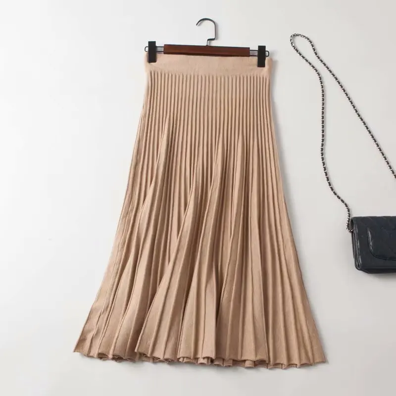 Осенне-зимняя Гибкая эластичная плиссированная юбка миди с высокой талией, теплая трикотажная юбка для женщин, женские юбки saia saias
