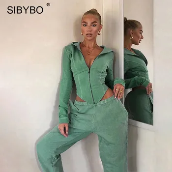 

SIBYBO Autumn Winter Casual Sporty Outfits Women Two Piece Set Zipper Hooded Top Pants Tracksuits Cotton Gray Matching Sets 2020