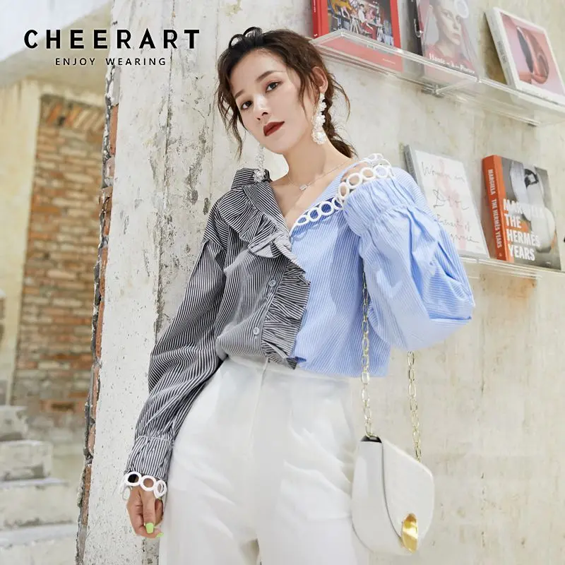 

Cheerart Fall Tops V Neck Ruffle Blouse Womens Tops And Blouses Patchwork Striped Loose Asymmetrical Top 2019 Autumn