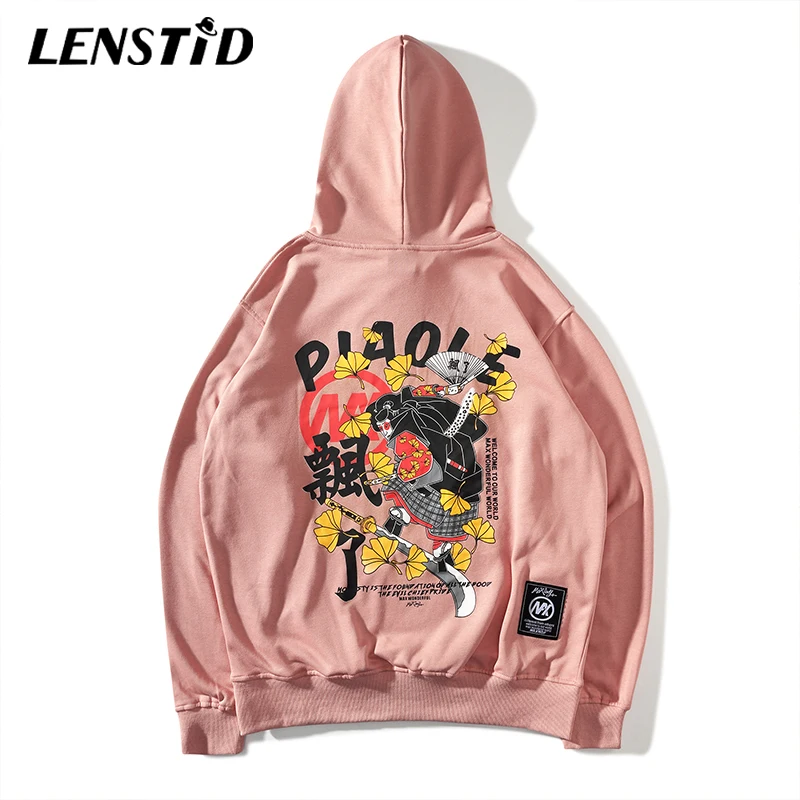

LENSTID 2019 Men Streetwear Hip Hop Oversized Pullover Hoodies Japanese Female Samurai Harajuku Loose Cotton Hooded Sweatshirt