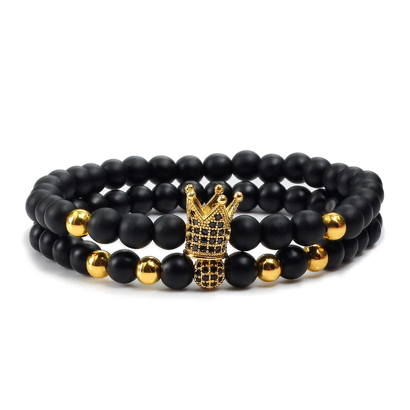 Matte Black Gold 2 шт./компл. Корона-подвеска Роскошные Парные браслеты 6 мм Натуральный камень бисер микро-инкрустированные Для мужчин Для женщин Браслеты браслеты ювелирные изделия Homme подарок - Окраска металла: Matte Black Gold