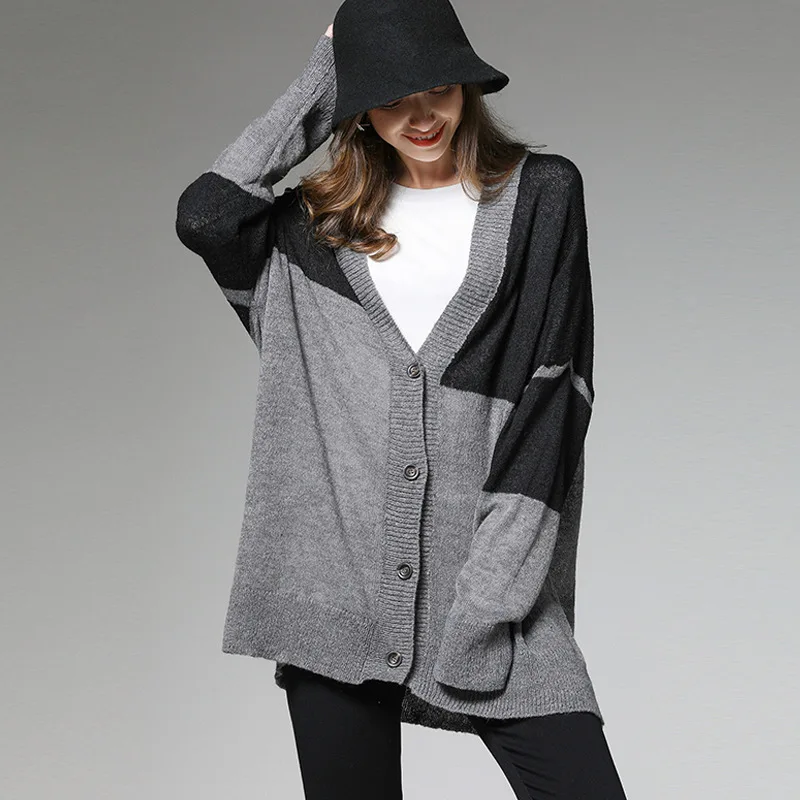 

Slouchy Wool Blended Oversize Cardigan Women Color Block Knitted Cardigans Sweater Autumn