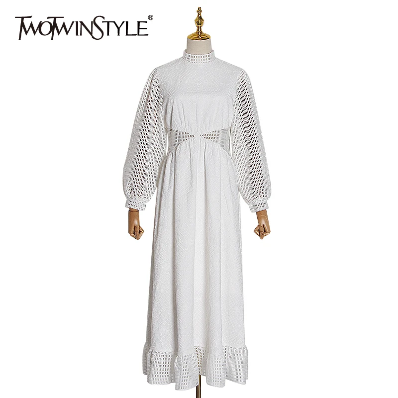 Twotwinstyle Patchwork Mesh Hollow Out Vrouwen Jurk Stand Kraag Lantaarn Lange Mouw Hoge Taille Losse Jurken Voor Vrouwelijke Kleding Twotwinstyle Patchwork Mesh Hollow Out Vrouwen Jurk Stand Kraag Lantaarn Lange Mouw Hoge Taille Losse Jurken Voor Vrouwelijke Kleding