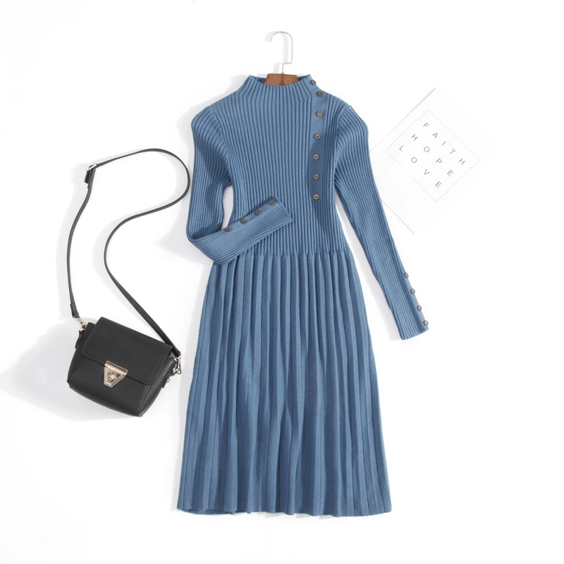 Hirsionsan Плиссированное трикотажное платье-свитер женский однотонный цвет длинный Элегантный тонкий джемпер на пуговицах с высокой талией - Цвет: Blue