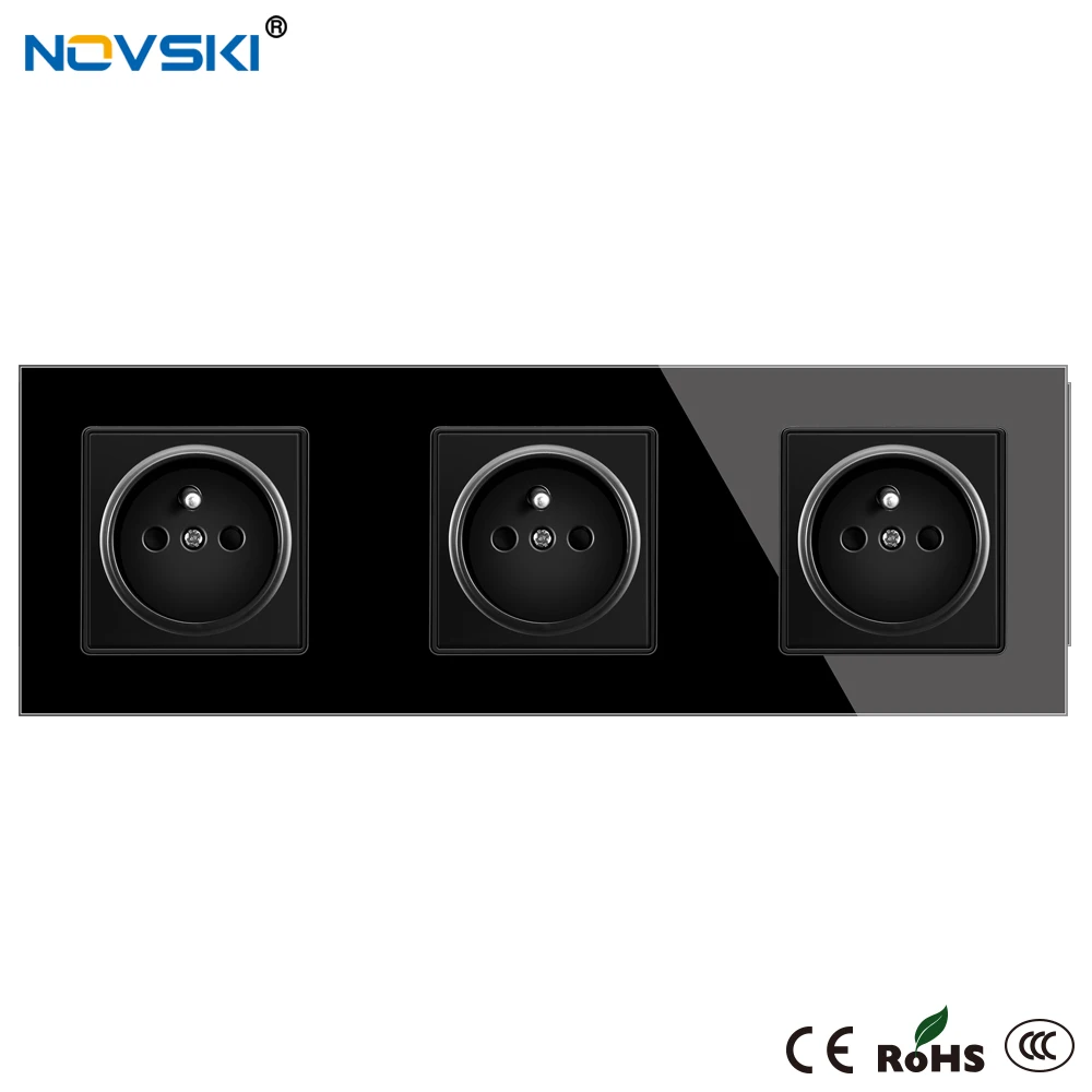 EU French Wall Crystal Glass Black Panel Power Socket Triple Plug Grounded, 16A Quintuple Electrical Socket, 15 Years Warranty