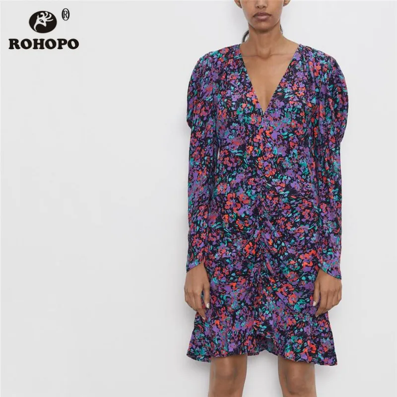 

ROHOPO Draped Shoulder Puff Long Sleeve Floral Mini Dress Front Draped Ruffled Purple V Collar Holidays Vestido #9352
