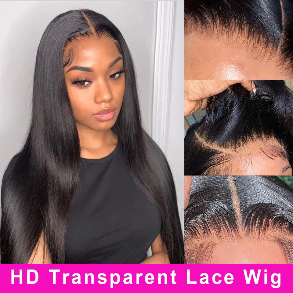 Wig 13x4 Human-Hair Lace-Frontal 5x5 Closure Glueless Transparent-Bone Black Straight