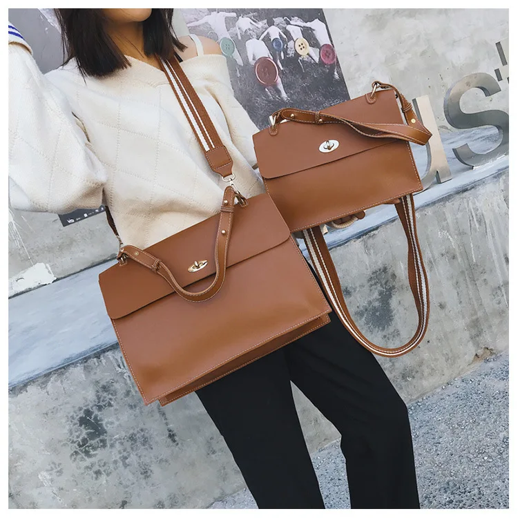 2019 Woman Briefcase Bag Leather Handbags Ladies Vintage PU Shoulder Bag Crossbody Satchels Office Document Bag Wide strap Purse (11)