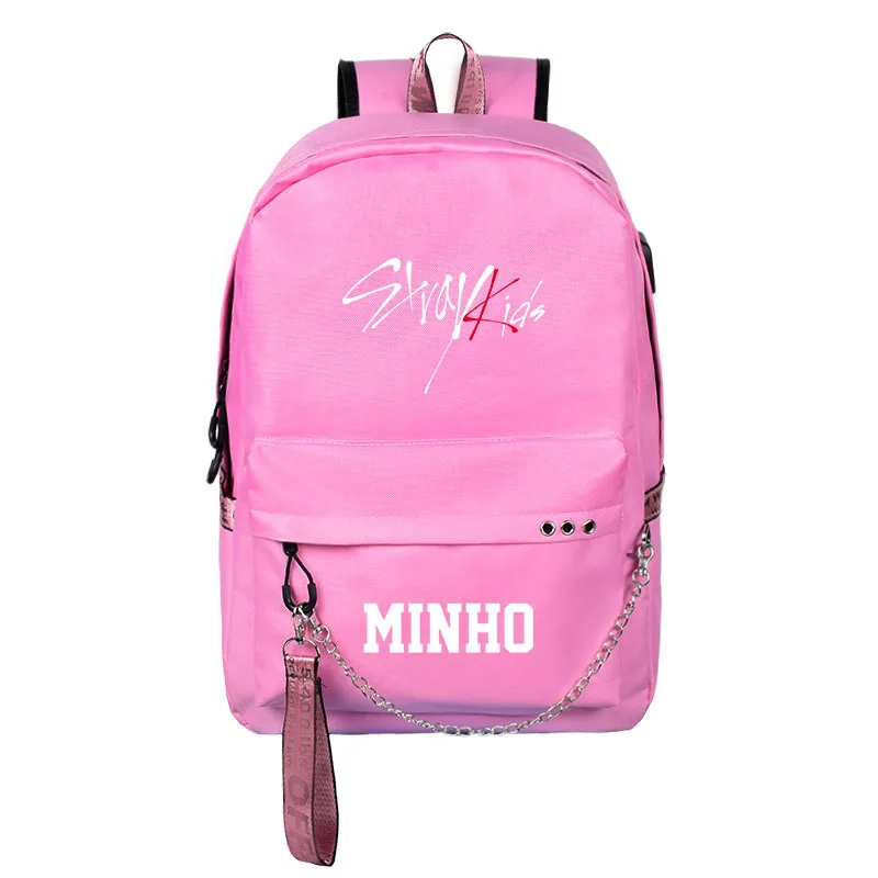 Kpop Stray Kids рюкзак большой емкости USB зарядный тканевый школьный рюкзак дорожная сумка модная kpop stray kids - Цвет: Pink CMINHO