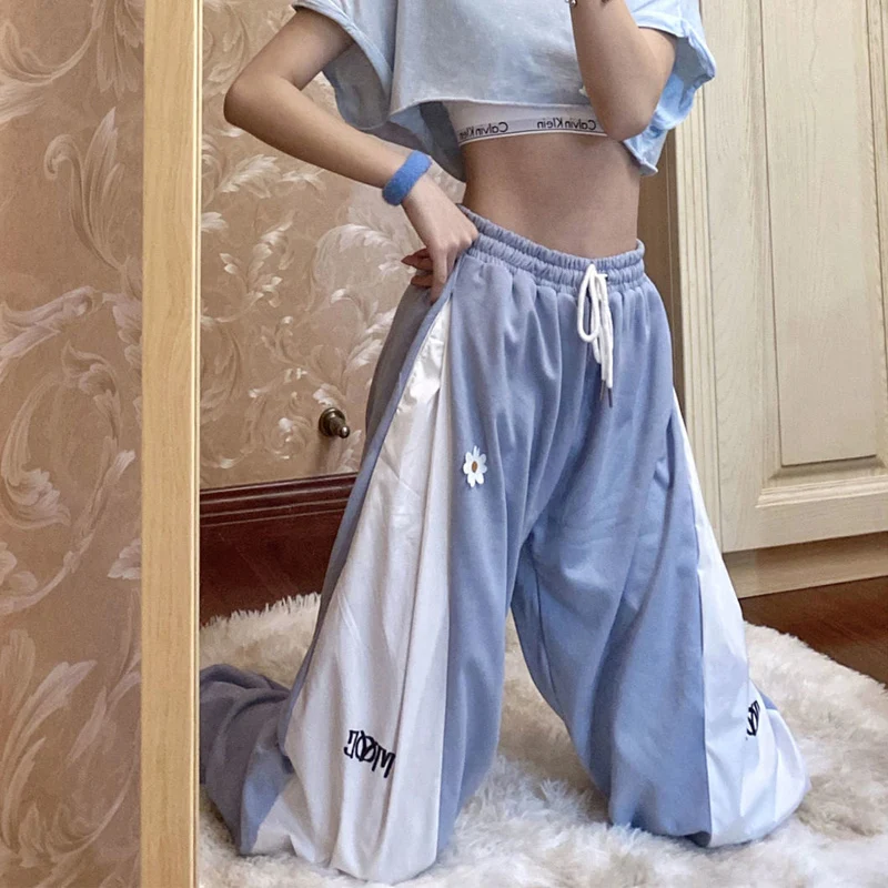 White Blue Contrast Loose Jogging Pants Women High Waist Drawstring Trousers Casual Pants Female Korean Streetwear Pants 2