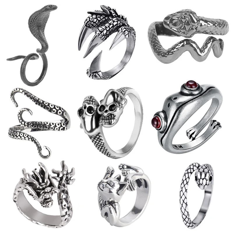 Retro Punk Snake Dragon Ring for Men Women Exaggerated Antique Siver Color Opening Adjustable Rings Anillo Hombre Bijoux