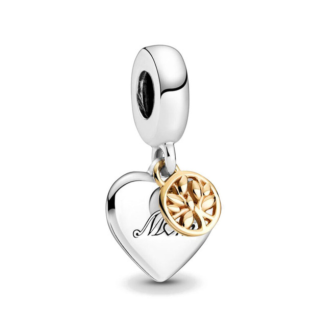 925 Sterling Silver Beads HEART & MUM Two-tone Family Tree  DANGLE Charm Fit Original Pandora Bracelet DIY Jewelry
