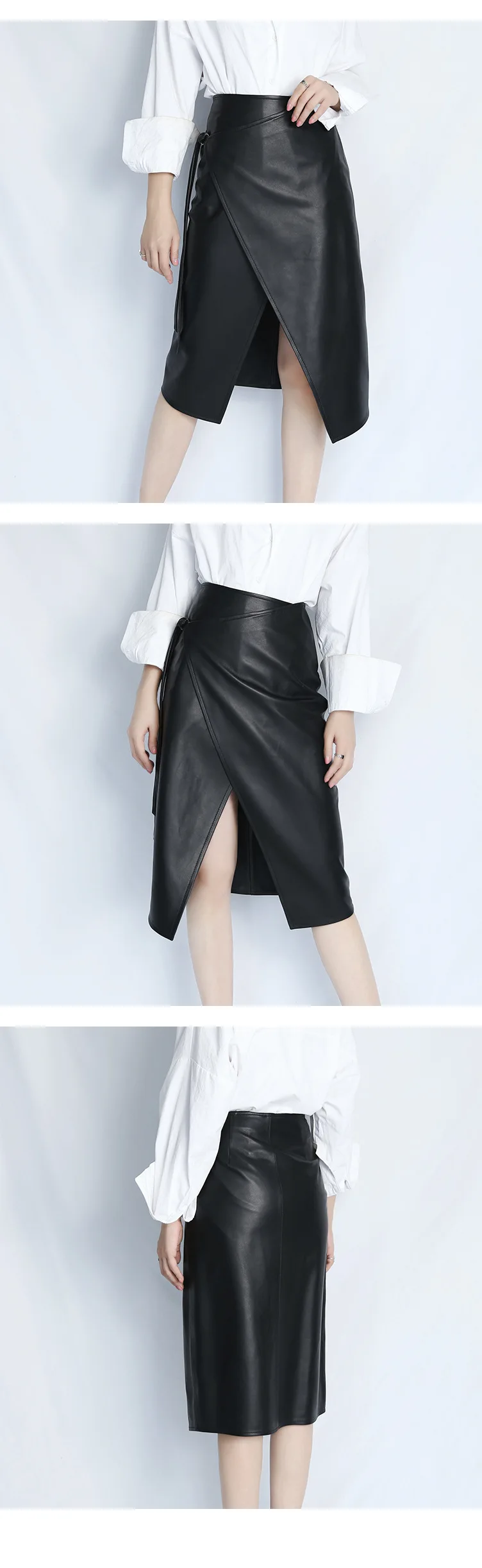 Осенне-зимняя женская черная кожаная юбка асимметричный дизайн петля пряжка ремень Овчина кожаная юбка женская модная юбка