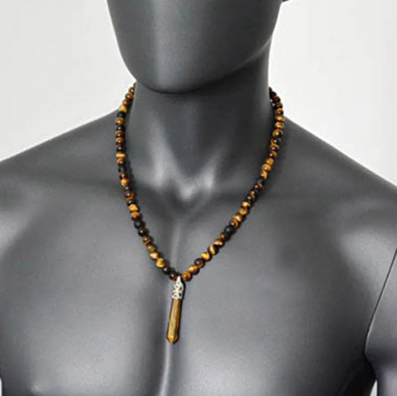 New Men Necklace Natural Stone Beads Handmade Tiger Eye Matte Onyx Stone Braided Adjustable Pendant Necklace Jewelry Gift Men
