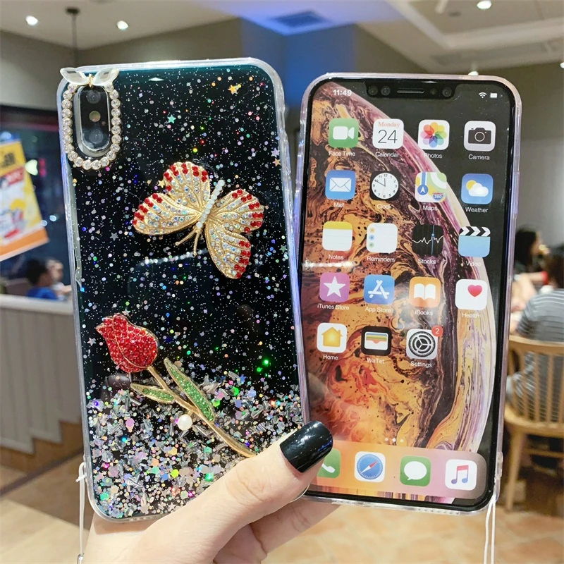 Роскошный Модный Блестящий 3D чехол для телефона с розой и бабочкой IPhone 11 Pro Max 6 6S 7 8