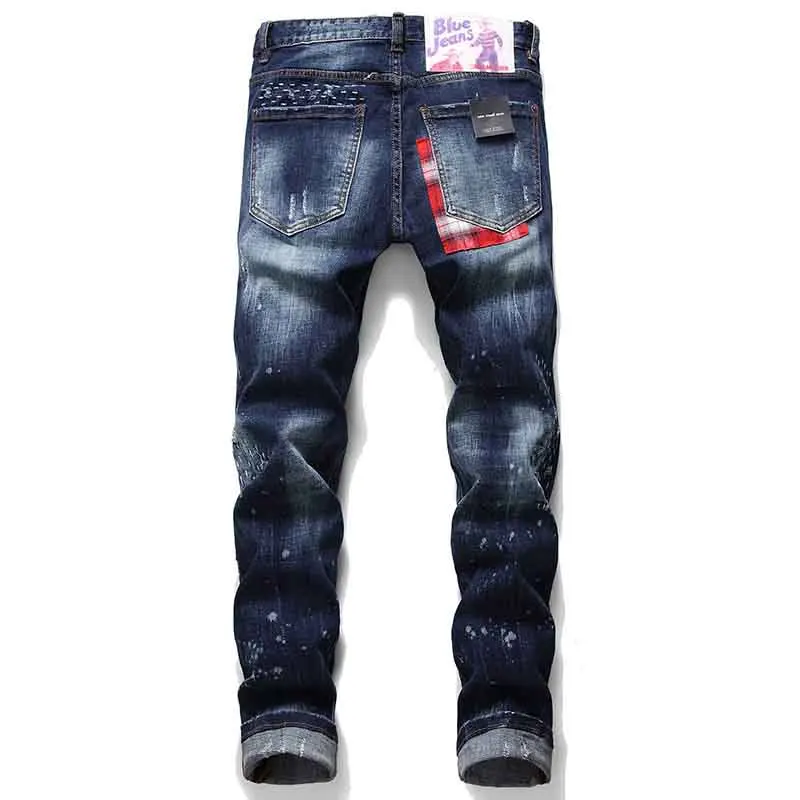 KIOVNO Mens Ripped Holes Denim Trousers Painted Patchwork Stretch  Jeans Pants For Male Straight (1)