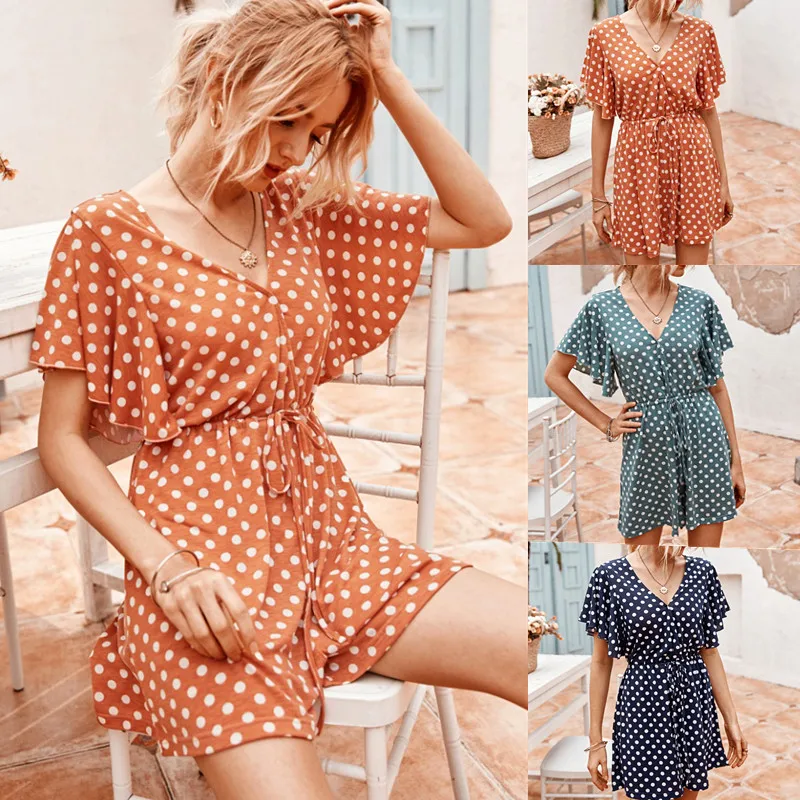 

Beach Playsuit Women Summer Casual Short Sleeve Tunic Sexy V Neck Boho Floral Rompers Womens Jumpsuit Shorts dy002