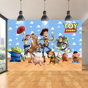 

Toy Story Backdrop for Kids Character Sky Blue Clouds Wall Wood Floor Backgrounds for Photo Studio Vinyl Photo Background