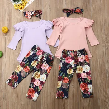 

3Pcs Kid Baby Girl Clothes Ruffle Long Sleeve Solid Dress Tops Floral Pants Leggings Headband Fall Outfit Clothes Set