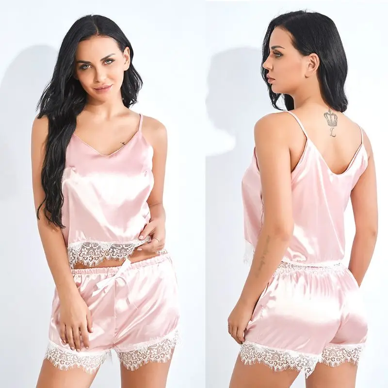 

Womens Imitation Silk 3 Piece Lingerie Set Sheer Floral Lace Bra V-Neck Cami Top with Bowknot Shorts Sexy Pajamas Sleepwear