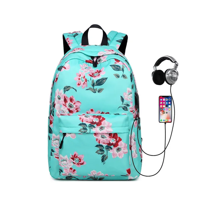 green OKKID, детские школьные сумки для девочек, usb зарядка, Розовый Цветочный рюкзак, водонепроницаемый нейлоновый цветочный школьный рюкзак, Детская сумка для книг, подарок - Цвет: green
