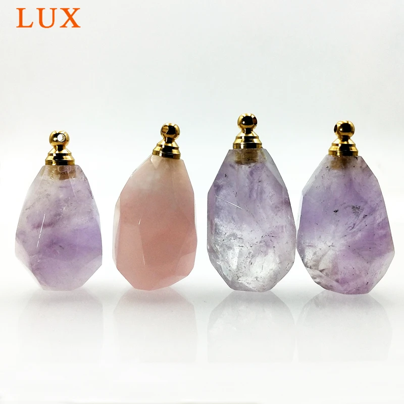 

Natural faceted rose quartzs amethysts bottle gems stone Essential Oil Diffuser Perfume Bottle Pendant for necklace making