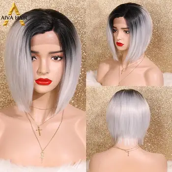 

Aiva Hair Glueless Black Root Ombre Grey Wig Heat Resistant L Part Synthetic Lace Front Wig Cosplay Short Wigs For Black Women