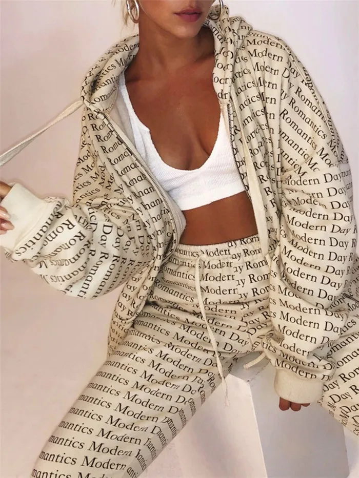 Set Женский спортивный костюм с буквенным принтом, Женский комплект 2 шт.,, зимний спортивный костюм для женщин, комплект из двух предметов, топ и штаны, спортивная одежда, осенние спортивные костюмы - Цвет: Set