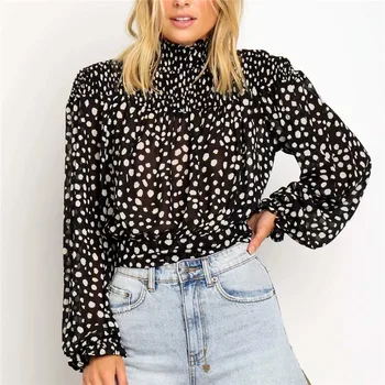 

Turtleneck sweet print long sleeve women black blouses Elegant lace up chiffon crop top Autumn winter pullover blouse shirt 2019