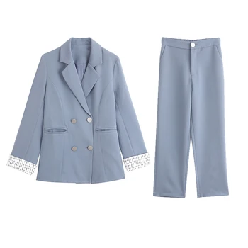 

Spring Women's suits 2020 autumn new women's temperament double-breasted slim suit jacket casual feet pants set two-piece