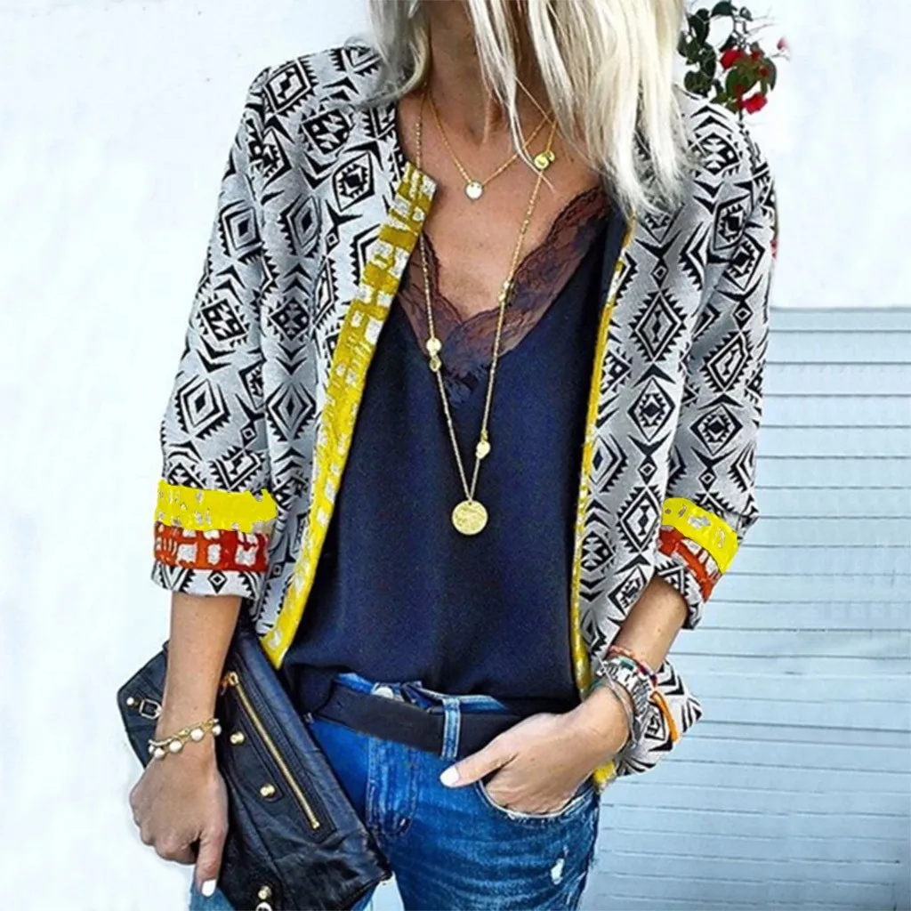 

JAYCOSIN Vintage Printed Blazers women Elegant crimping three quarter sleeve outerwear notched pocket office casual Jacket tops