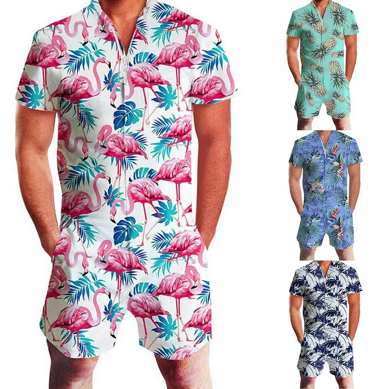 

MJARTORIA 2020 Flamingos Floral Print Rompers Men Spandex Short Sleeve Jumpsuit Summer Playsuit Romper Casual Piece Male Outfits