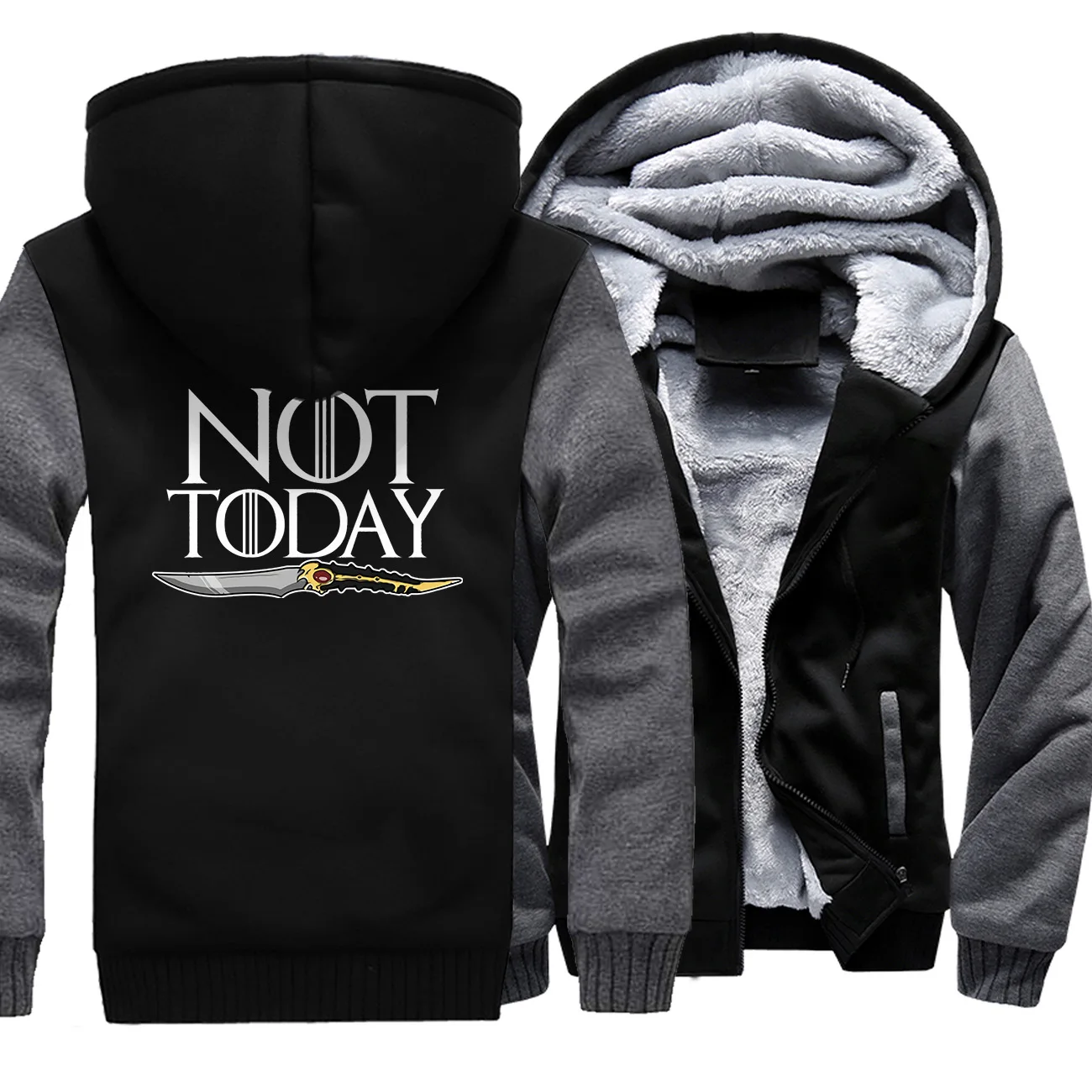 NOT TODAY Print Hoodies Men Thick Sweatshirts Fleece Coat Winter Warm Zipper Jackets Sportswear game of Thrones Loose Tops - Цвет: dark gray black 6