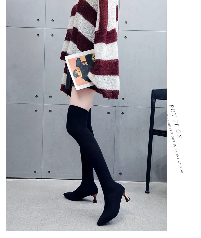 Модные сапоги г. Женские ботфорты из эластичной ткани с острым носком Женская осенне-зимняя обувь Повседневные высокие сапоги-Полустелька