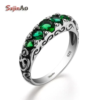 

Fine Wholesale 925 Sterling Silver Rings For Women Punk Cocktail PatternVintage Style Green Emerald Engagement Jewelry