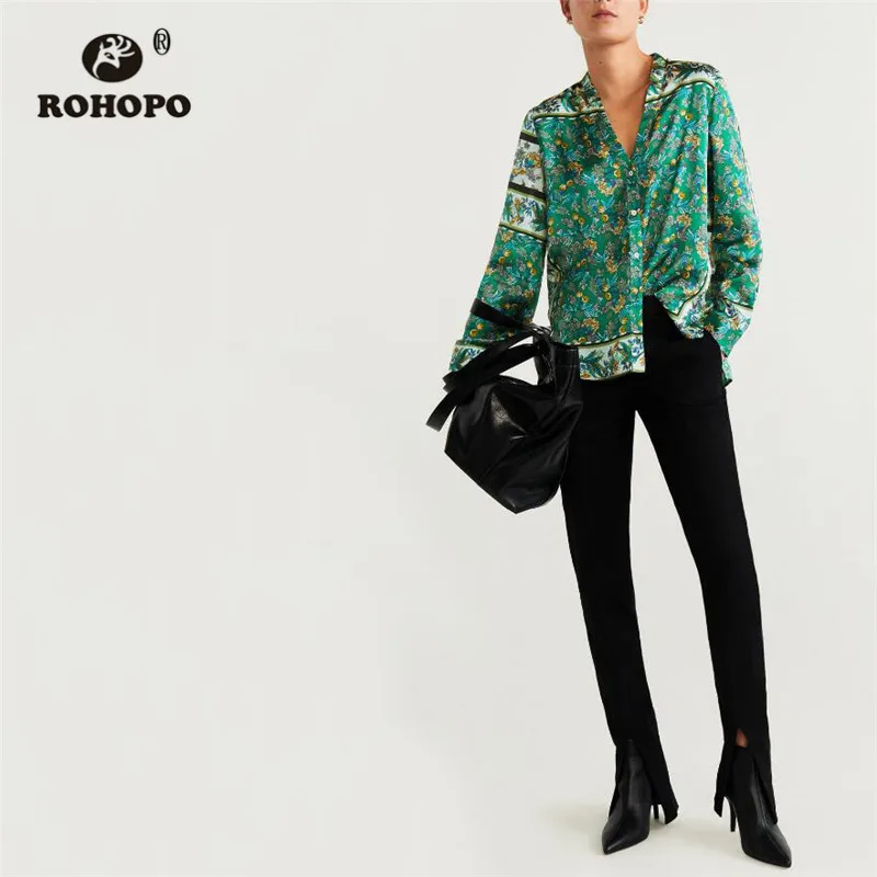 

ROHOPO Long Sleeve V Collar High Low Floral Green Blouse Buttons Fly Back Pleated Female Autumn Elegant Tops Blusa #2570