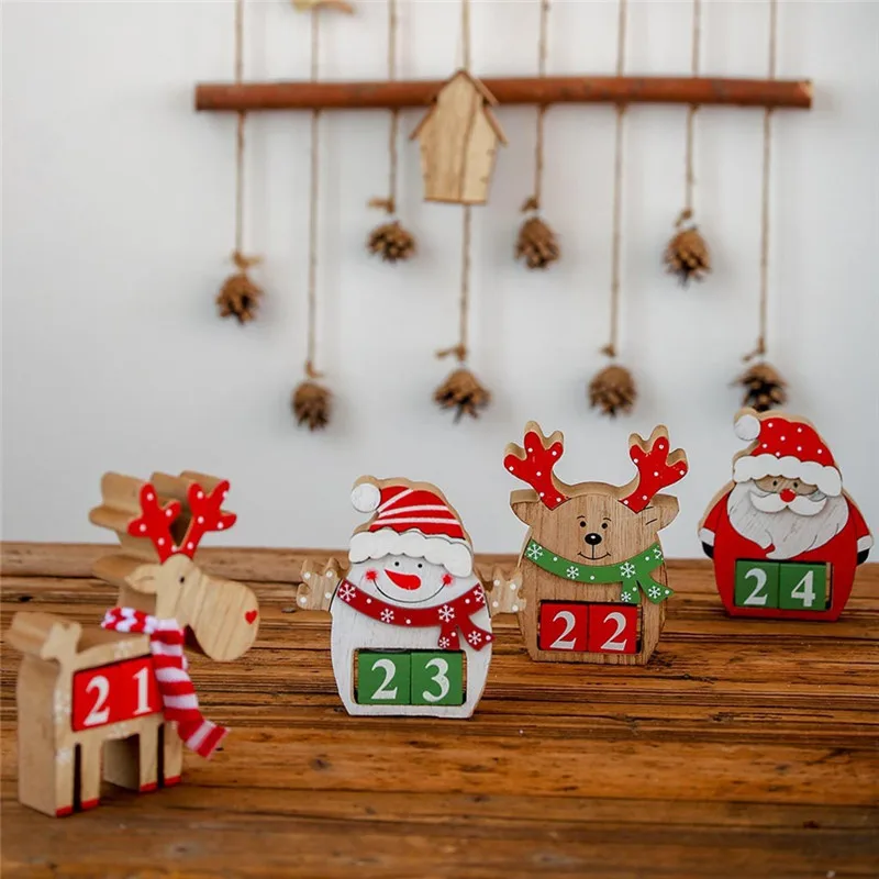 Wooden Santa Claus Snowman Reindeer Pattern With Painted Block Holiday Home Ornament Decor Christmas Advent Countdown Calendar@5