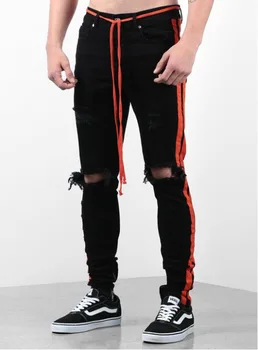 

Pantalones Vaqueros Jeens Hombre Broken Hole Jeans Skinny Men Jean Foot Zipper Pantalon Vaquero Hombre Red Ribbon Jeans Men Slim