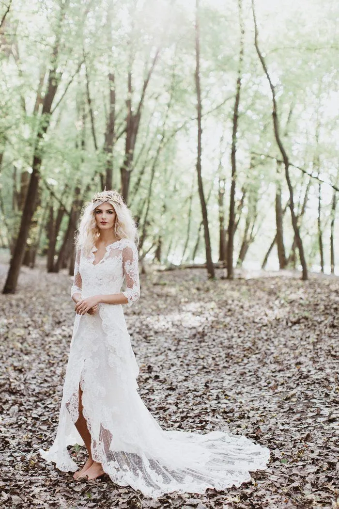 Vivian's Bridal Boho Spot Lace свадебное платье, милое, высокое, низкое, передняя молния, Tiere, слой, разрез, половина рукава, Пляжное свадебное платье