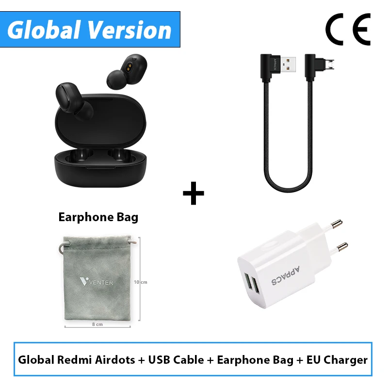 CE Add CableBagPlug Оригинальные Xiaomi Redmi Airdots TWS беспроводные Bluetooth наушники стерео бас Bluetooth 5,0 с микрофоном громкой связи с управлением AI - Цвет: CE Add CableBagPlug