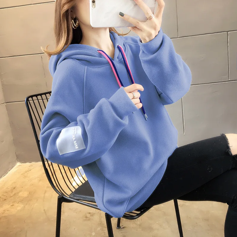 

Fall New Pure Color Oversize Top Casual Jacket Hooded Plus Velvet Thick Loose Long Sleeve Sweatshirt