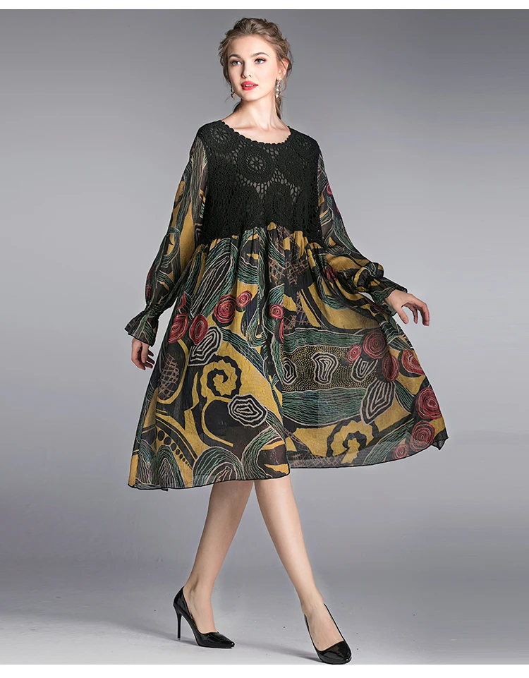 Весеннее женское платье размера плюс с кружевами в стиле пэчворк, шифоновое платье с цветочным рисунком, элегантное свободное вечернее платье, шифоновое платье для вечеринок, длинное платье, vestidoXXXXL4XL - Цвет: Черный