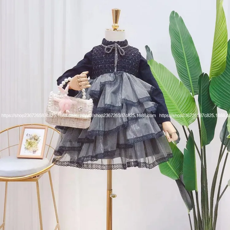 

Children's 2019 autumn new girls Korean version of the foreign hot stamping tweed layered mesh stitching vest dress