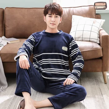 

2020 Winter Casual Striped Long Sleeve Thick Warm Flannel Pajama Sets for Men Coral Velvet Sleepwear Suit Homewear Home Clothes